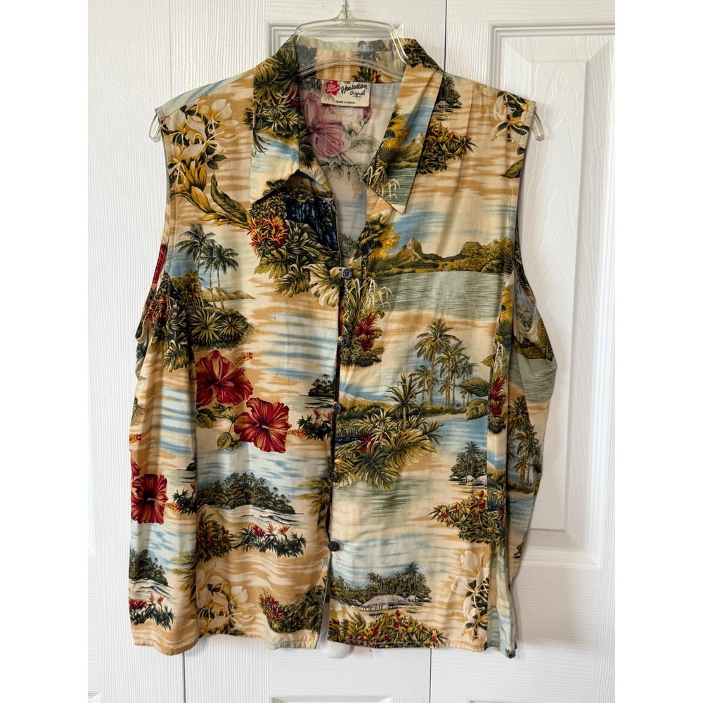 Hilo Hattie Hawaiian Original Sleeveless Tropical Floral Rayon Shirt XL Hawaii